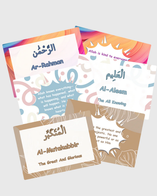 Interactive Islamic flashcards for kids to learn Asma'ul Husna with meanings in a fun & engaging way.